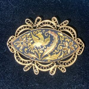 Damascene Filigree Oval Brooch, Flower & Bird Pin, 1940s Vintage Jewelry